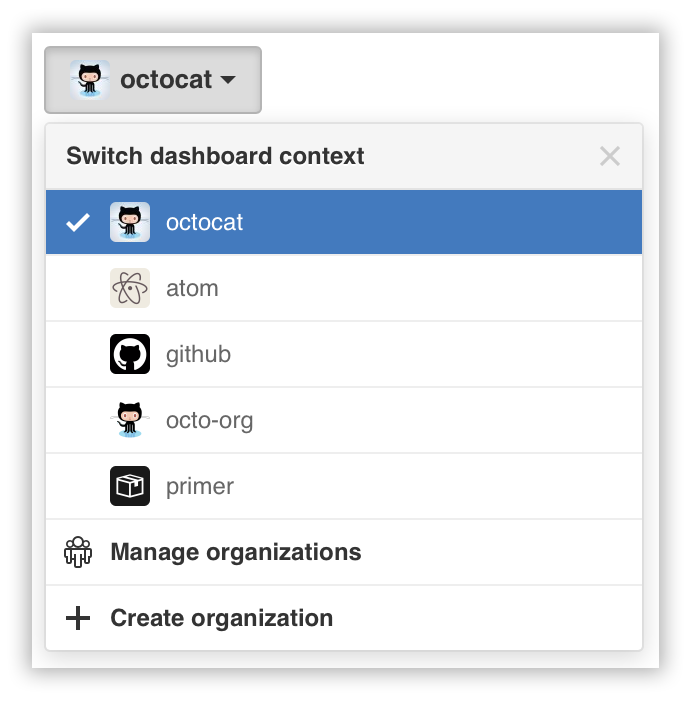 Dropdownmenü „Switch account context" (Wechseln des Konto-Kontexts)